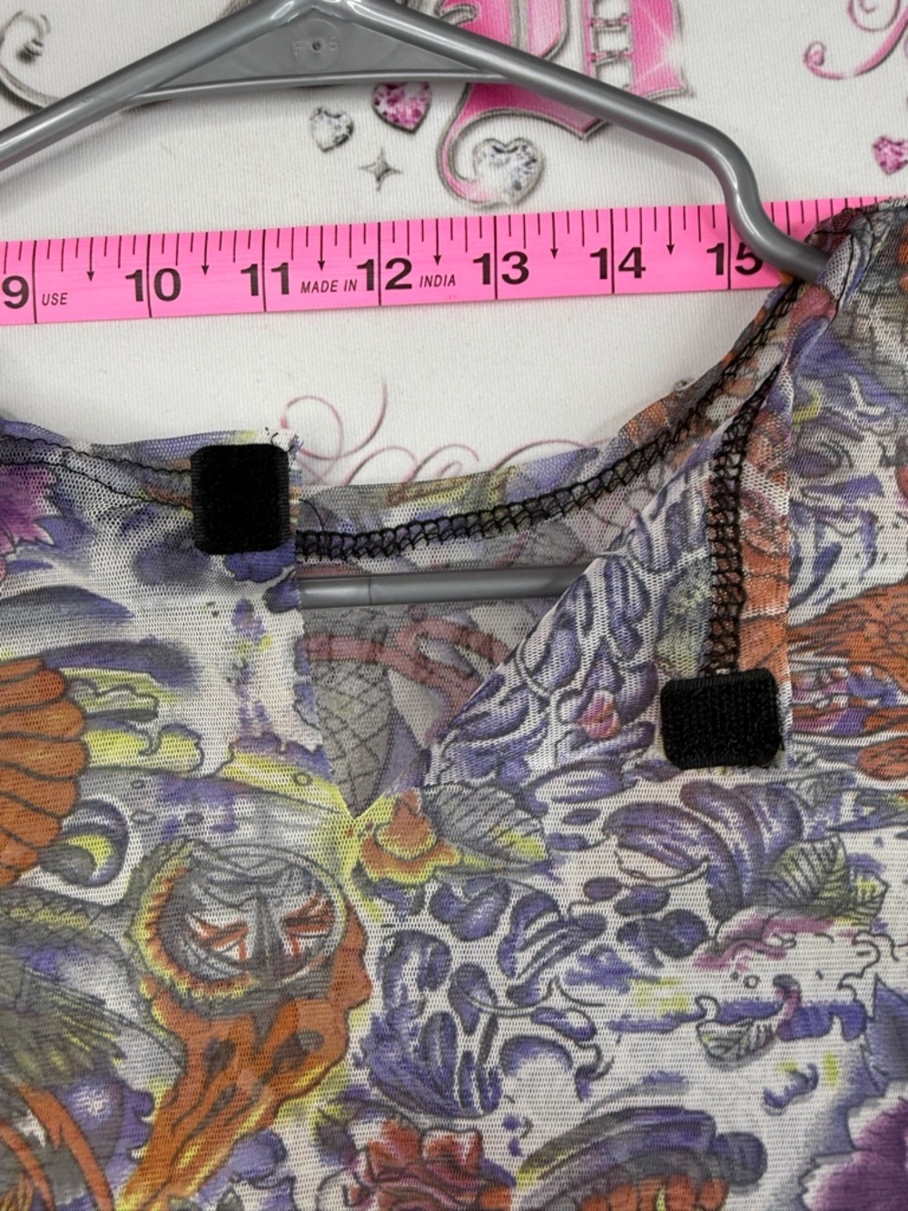 Long Sleeve mesh Floral & Dragon Print tattoo style Top - Purple, Orange, Green - Picture 10 of 12